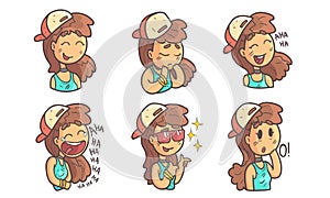 Cute Teenage Girl in Baseball Cap Showing Various Emotions Set Vector Illustration