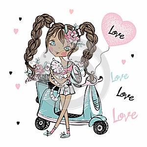 A cute teenage girl with a cat in her arms stands near her scooter with balloons hearts. Valentine`s card. Vector.