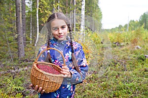 Cute teenage girl is holding a wicker basket full of red ripe wild lingonberry in northern autumn forest