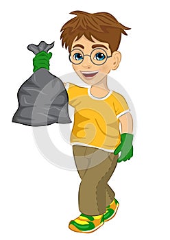 Cute teenager boy in yellow T-shirt and green rubber gloves holding garbage bag