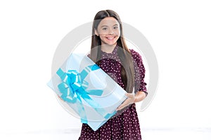 Cute teenager child girl congratulate with valentines day, giving romantic gift box. Present, greeting and gifting