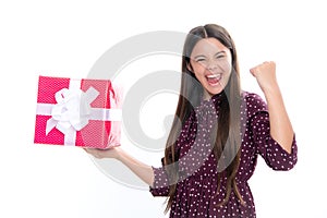 Cute teenager child girl congratulate with valentines day, giving romantic gift box. Present, greeting and gifting