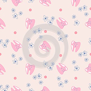 Cute teeth baby dental pink pattern background.