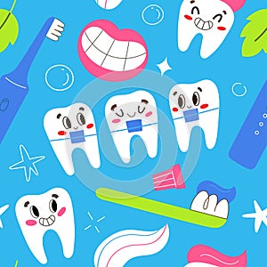 Cute teeth with braces, smiling cartoon characters, oral hygiene products, toothpaste, electric tooth brush, seamless