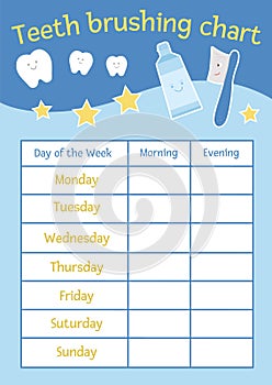 Cute teeth brushing chart for kids. Vector dental care stomatology poster with cute smiling characters. Tooth hygiene timetable