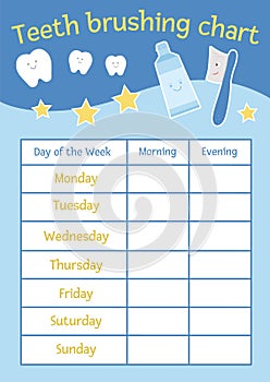Cute teeth brushing chart for kids. Vector dental care stomatology poster with cute smiling characters. Tooth hygiene timetable photo