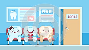 Cute teeth in dental clinic. Dentist waiting room with upset and smiling patients, healthy and aching tooth with