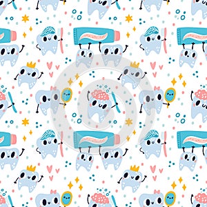 Cute teeth seamless pattern. Funny little dental characters with toothpaste and toothbrush, kids educational print, oral