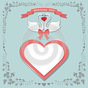 Cute template.Floral frame, hearts label, cartoon swans