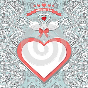 Cute template.Paisley border lace, hearts label,cartoon swans