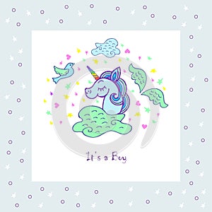 Cute template with unicorn, wings, bird, cloud.