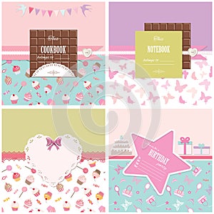 Cute templates set for girls. Can be used for scrapbook design, cookbook, diary, photo album cover.