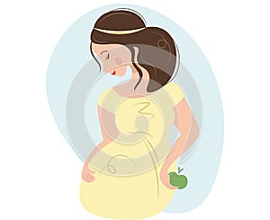 A cute and tender pregnant woman looks at her belly and holds a green apple. Vector illustration on a white and blue