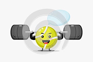 Cute tennis ball mascot raises a barbell