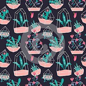 Cute terrarium flower plant seamless pattern