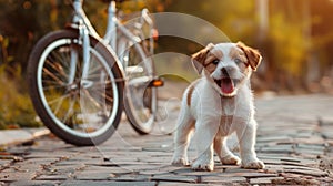 Cute terrier puppy with a playful disposition in the park on a sunny day with a bicycle in the background, banner photo