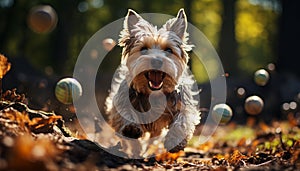 A cute terrier puppy playing with a yellow ball outdoors generated by AI