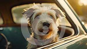 Cute terrier puppy sitting in car window generated by AI