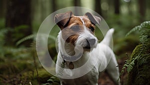 Cute terrier puppy sitting in grass, looking at camera playfully generated by AI