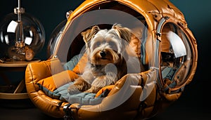 Cute terrier puppy sitting inside car, looking at camera generated by AI