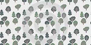 Cute textile children seamless forest pattern of green trees and firs in the Scandinavian style on a white background. Cute textur