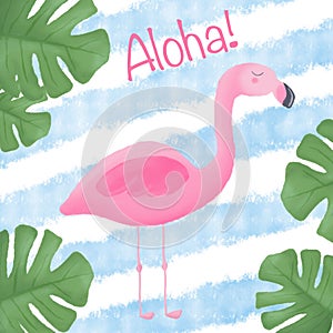 Cute textured flamingo with tropical leaves and Aloha sign on striped blue background. Good for printing and postcard