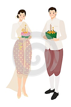 cute Thai couple on floating flowers Loy Krathong festival on white background isolated