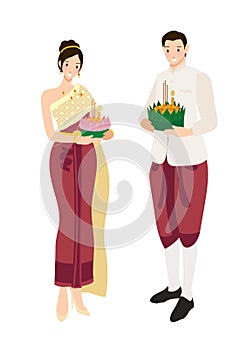 cute Thai couple in traditional red dress on floating flowers Loy Krathong festival on white background isolated