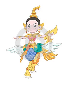 Cute Thai mythological creature Kinnaree cartoon illustration