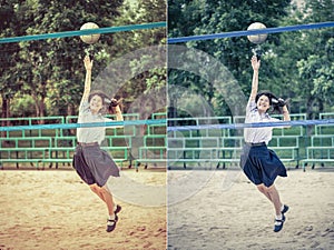 Cute Thai schoolgirl is playing beach volleyball in school uniform in retro color. Focus on the model face.
