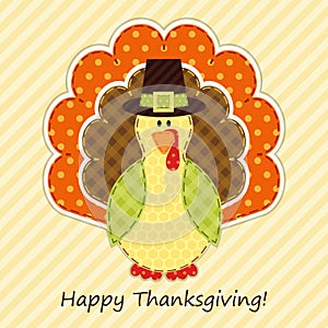 Cute Thanksgiving turkey as retro fabric applique in traditional colors