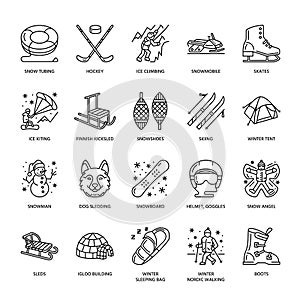 Cute thin line icons of winter sports. Outdoor activities vector