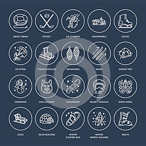 Cute thin line icons of winter sports. Outdoor activities vector elements - snowboard, hockey sled, skates, snow tubing