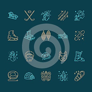 Cute thin line icons of winter sports. Outdoor activities vector elements snowboard, hockey sled, skates, snow tubing