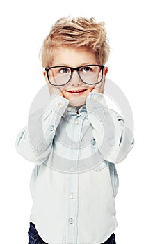 Cute, thinking and a little boy with glasses and a smile isolated on a white background. Happy, idea and a kindergarten