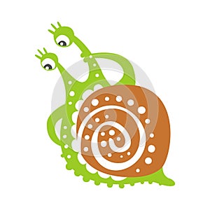 Cute thoughtful snail character, funny mollusk colorful hand drawn vector Illustration