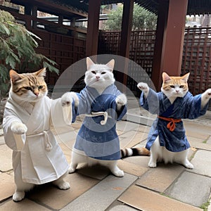 cute Three cats wearing human tunics playing Tai Chi generative AI