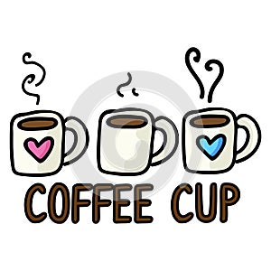 Cute Three Coffee Mug Cartoon Vector Illustration. Hand Drawn Hot Drink Element Clip Art for Kitchen Concept. Breakfast