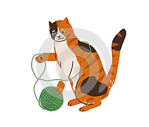 Cute three color cat playing with tangle yarn ball. Vector illustration in simple cartoon flat style. Isolated on white