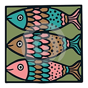 Cute three green fish tile clipart. Colorful decorative marine life vector illustration