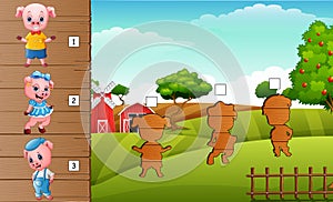 Cute three little pigs collection set. Find the correct shadow on board. Educational game for children
