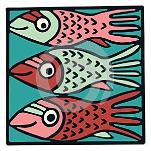 Cute three pink fish tile clipart. Colorful decorative marine life vector illustration