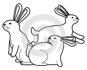 Cute three rabbits animals cartoons in black and white