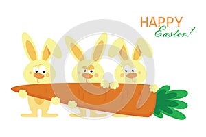 Cute three rabbits are holding huge carrots. Vector illustration