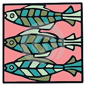Cute three salmon fish tile clipart. Colorful decorative marine life vector illustration
