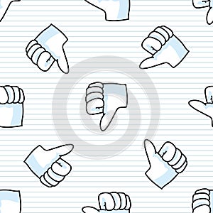 Cute thumbs down hand symbol seamless  pattern. Hand drawn expression gesture for simple stylized sign. Hand gesture home