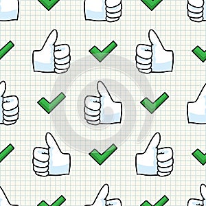 Cute thumbs up hand symbol seamless  pattern. Hand drawn expression gesture for simple stylized sign. Hand gesture home