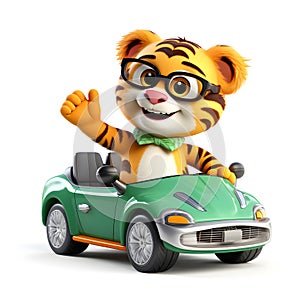 Cute tiger 3d cartoon with sunglases and driving a tuning car, white background.Generative ai