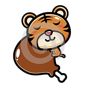 Cute tiger animal cartoon character is climbing and hugging big meat
