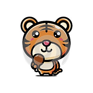 Cute tiger animal cartoon character holding meat ready to eat